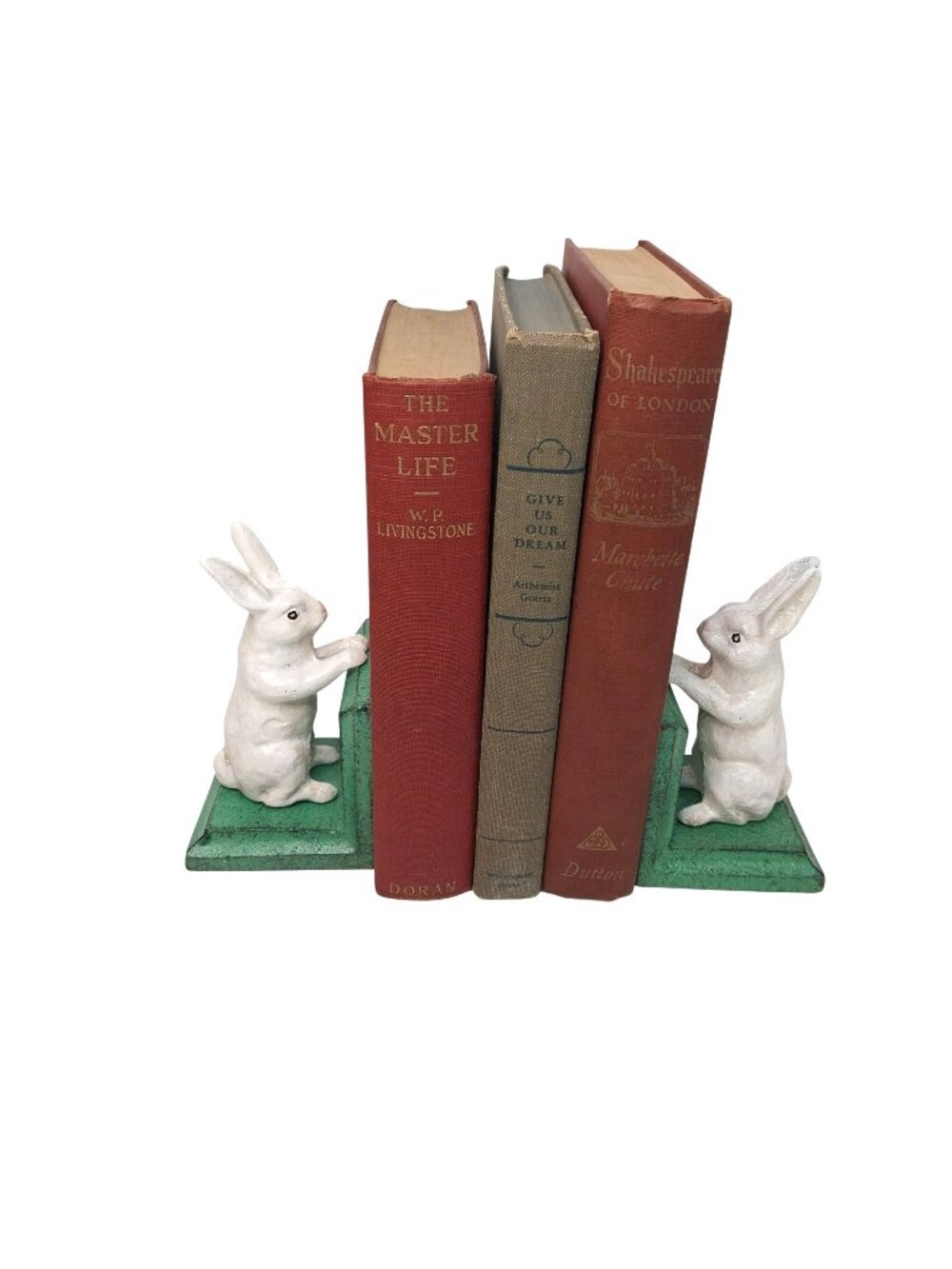 Cast Iron White Bunny Rabbit Bookends Green Base Pair Book Ends Rustic